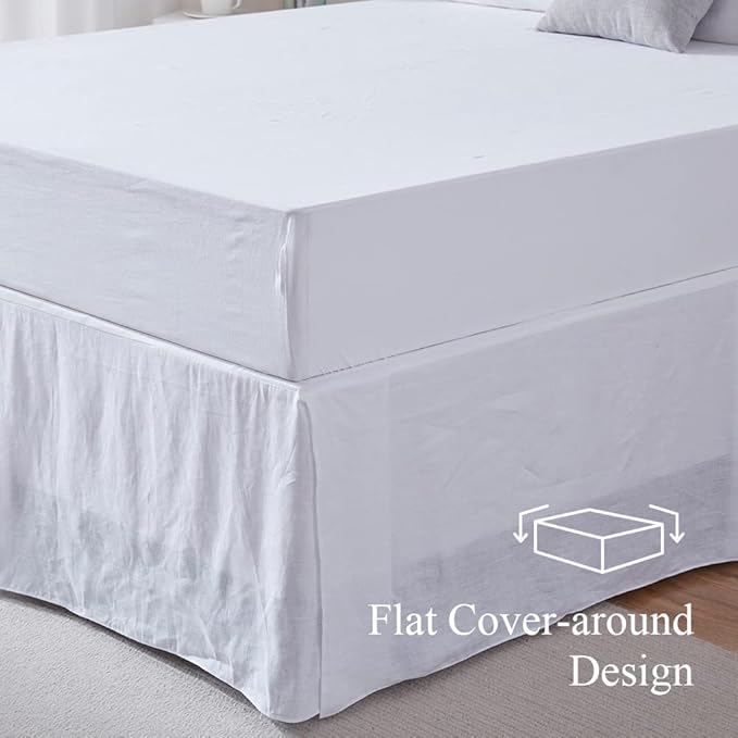 Simple&Opulence Belgian Linen Bed Skirt with Classic 14 inch Tailored Drop Dust Ruffle, Easy Fit Breathable Premium Natural Flax- Basic White, Queen