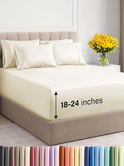 Extra Deep Queen Sheet Set - 6 Piece Breathable & Cooling Sheets - Hotel Luxury Bed Sheets Set - Easy & Secure Fit - Soft, Wrinkle Free & Comfy Sheets Set - Off White Sheet Set with Extra Deep Pockets