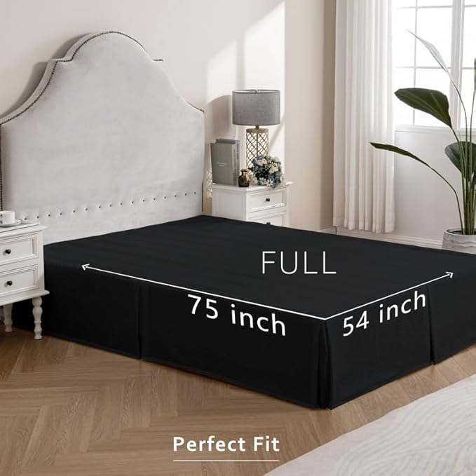 MIYE Pleated Waffle Weave Bed Skirt, Tailored Dust Ruffle 16 Inch Drop Easy Fit, Machine Washable (Black, Full - 16" Drop)