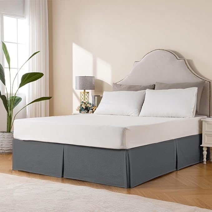 MIYE Pleated Waffle Weave Bed Skirt, Tailored Dust Ruffle 16 Inch Drop Easy Fit, Machine Washable (Dark Grey, King - 16" Drop)