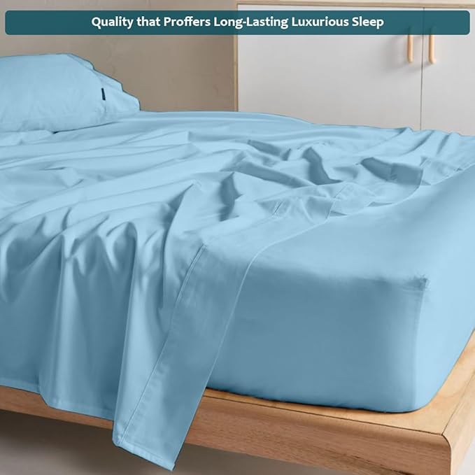 California King Sheet Set - Luxury 338 Thread Count 100% Egyptian Cotton Sateen, Deep Pocket Sheets with All Around Elastic for a, Hotel Quality Bedding Set (Light Blue Solid)