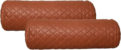 Neck Roll Pillow Cushion Cover, 16x6 Inch Full Moon Round Bolster Pillow Case, Cylinder Soft Lambskin Leather Pillowcase for Head, Spine & Neck Support During Sleep - Quilted Brown Pack of 2
