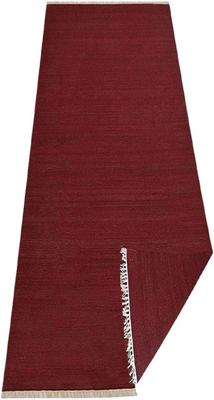 Rugsotic Carpets Hand Woven Flat Weave Kilim Wool ECO-Friendly Area Rugs - 2'6''x6', Runner Shape, Dark Red Color, Solid Plain Design, Low Pile Handmade Rugs for Living Room, Bed Room (D00111)