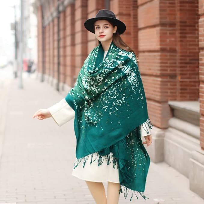 DANA XU 100% Merino Wool Pashmina Shawl for Women 96"x43", Oversized Cashmere Wrap with Tassels, Floral Travel Blanket Cape