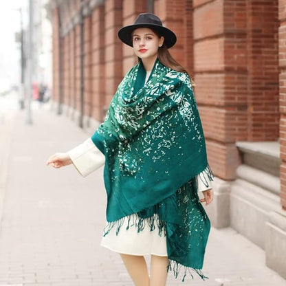 DANA XU 100% Merino Wool Pashmina Shawl for Women 96"x43", Oversized Cashmere Wrap with Tassels, Floral Travel Blanket Cape