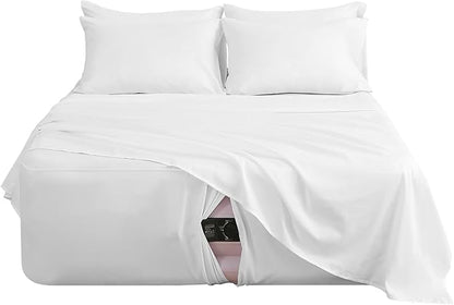Queen Sheet Set for Air Mattress, 6 Piece Air Bed Sheets Set with 18-24 Inches Extra Deep Pocket, Soft & Breathable Inflatable Bed Sheet Set with Flat Sheet, Fitted Sheet and Pillowcases, White