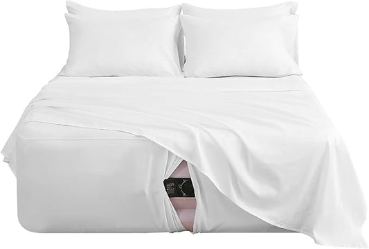 Queen Sheet Set for Air Mattress, 6 Piece Air Bed Sheets Set with 18-24 Inches Extra Deep Pocket, Soft & Breathable Inflatable Bed Sheet Set with Flat Sheet, Fitted Sheet and Pillowcases, White