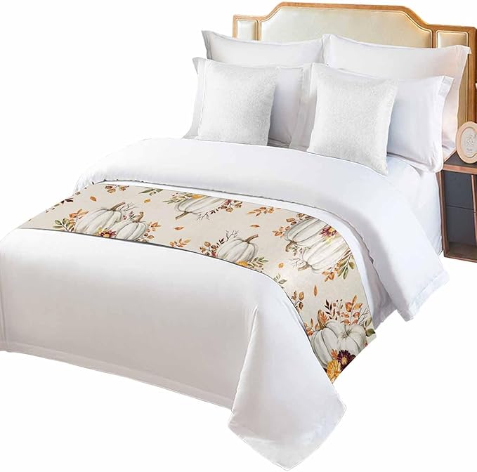 Thanksgiving Pumpkin Fall Maple Leaf Watercolor Bed Runners for Bedroom Hotel,Decorative Bedding Scarf Retro Linen Bed End Blanket Bedding Runner Scarves for Twin Size Beds,71x20in