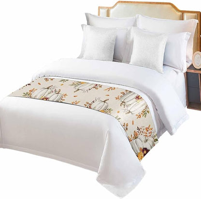 Thanksgiving Pumpkin Fall Maple Leaf Watercolor Bed Runners for Bedroom Hotel,Decorative Bedding Scarf Retro Linen Bed End Blanket Bedding Runner Scarves for Twin Size Beds,71x20in