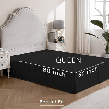 MIYE Pleated Waffle Weave Bed Skirt, Tailored Dust Ruffle 18 Inch Drop Easy Fit, Machine Washable (Black, Queen - 18" Drop)