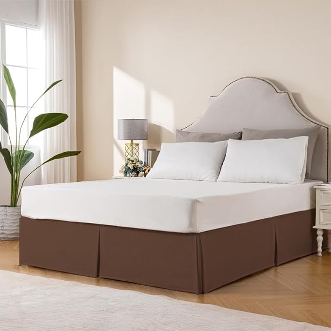 MIYE Pleated Waffle Weave Bed Skirt, Tailored Dust Ruffle 12 Inch Drop Easy Fit, Machine Washable (Brown, King - 12" Drop)