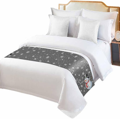 Christmas Snowman Winter Snowflakes Bed Runners for Bedroom Hotel,Decorative Bedding Scarf Gray White Bed End Blanket Bedding Runner Scarves for Full Size Bed,83x20in