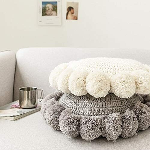 Round Throw Pillow Boho with Pom Poms Fringe Tassels, Bohemian Cute Decorative Circular Pillow with Knitted Texture for Sofa Chair, Acrylic Diameter 18 inches, Gray