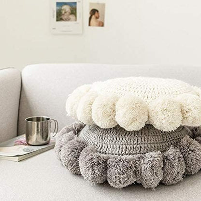 Round Throw Pillow Boho with Pom Poms Fringe Tassels, Bohemian Cute Decorative Circular Pillow with Knitted Texture for Sofa Chair, Acrylic Diameter 18 inches, Gray