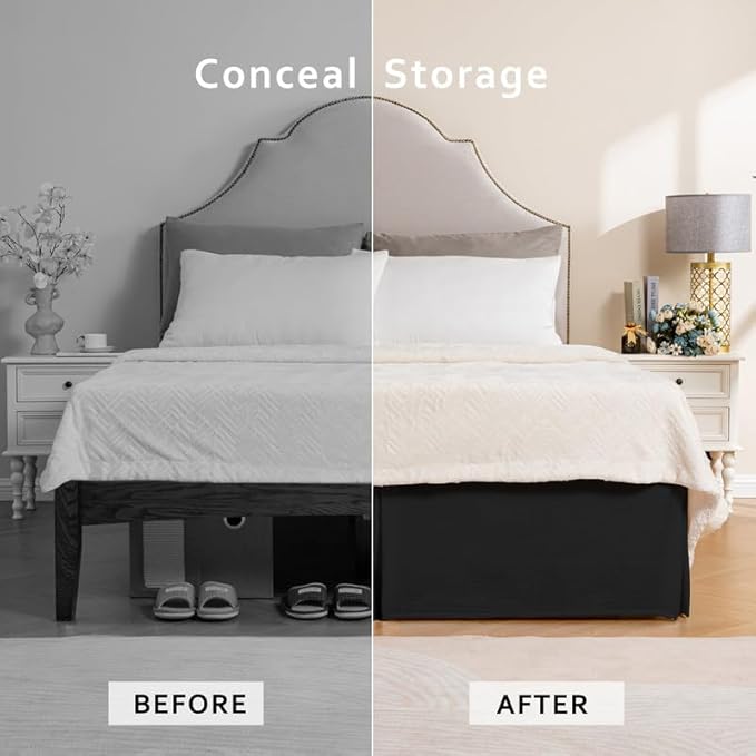 MIYE Pleated Waffle Weave Bed Skirt, Tailored Dust Ruffle 16 Inch Drop Easy Fit, Machine Washable (Black, Full - 16" Drop)