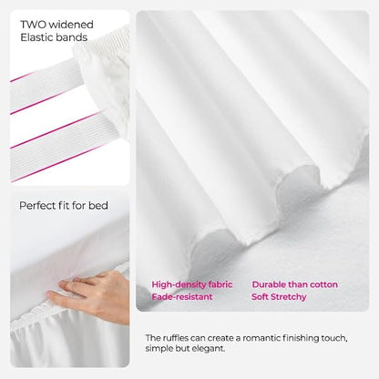 RIMELA White Bed Skirt Queen Size 15 Inch Drop, Elastic Bed Skirting for Bed Base and Frame, Bedding Dust Ruffle Easy to Install, Wrap Around Adjustable Bedskirt