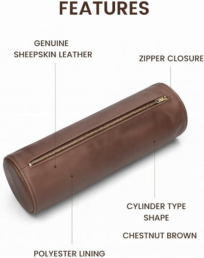 Leather Cylindrical Cushion Cover – 100% Lambskin Round Bolster Pillow Cover | Handmade Ergonomic Roll for Head, Neck & Back | Decorative Home & Sofa Accessory (18" x 5")