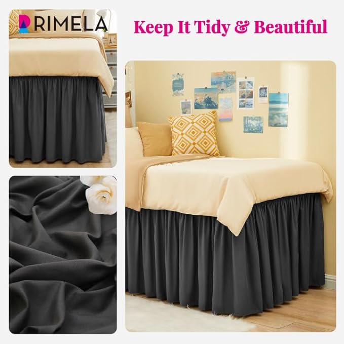 RIMELA Dorm Bed Skirt Twin XL 32 Inch Drop, Easy to Install Extra Long Wrap Around Elastic Dust Ruffle, Dark Grey Bedskirt Solid Silky Fabric Machine Washable (Twin XL 80“L x 39”W & Twin 75“L x 39”W)