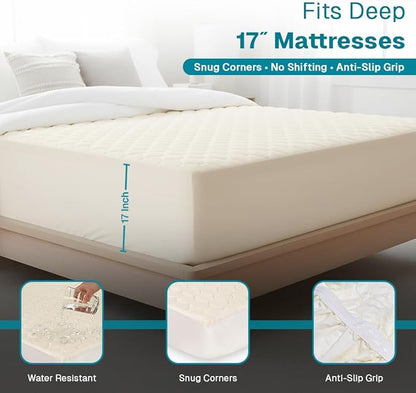 FABDREAMS Organic Quilted Mattress Protector Cal King Size | Mattress Pad| Mattress Cover| Naturally Breathable | Noiseless| Fits up to 17" Deep Pockets| Temperature Regulating | Ivory