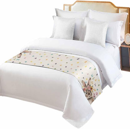 Spring Easter Farm Rabbit Flower Bed Runners for Bedroom Hotel,Decorative Bedding Scarf Colorful Quote Dot on Linen Bed End Blanket Bedding Runner Scarves for Queen Size Bed,94x20in