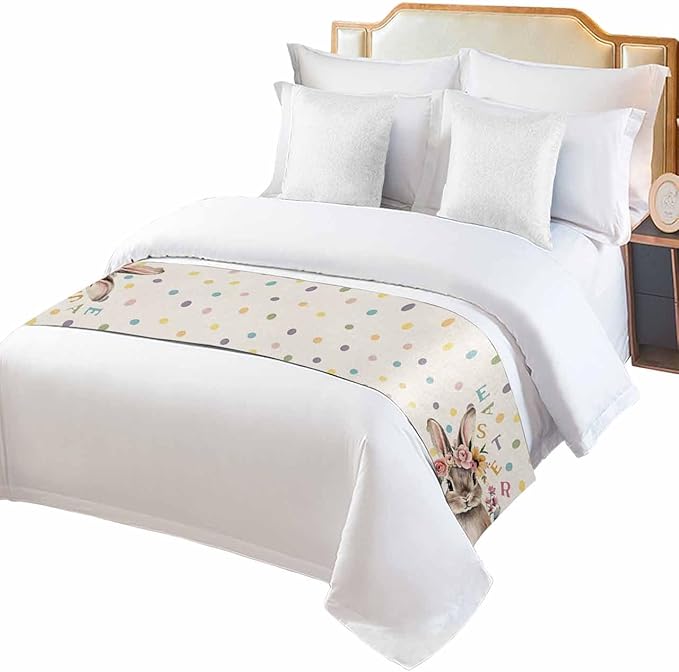 Spring Easter Farm Rabbit Flower Bed Runners for Bedroom Hotel,Decorative Bedding Scarf Colorful Quote Dot on Linen Bed End Blanket Bedding Runner Scarves for Full Size Bed,83x20in