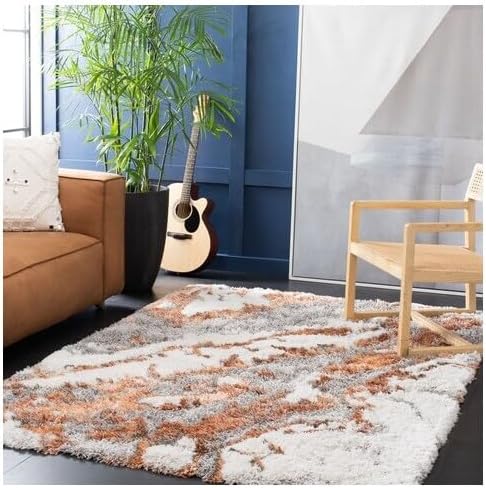 SAFAVIEH Horizon Shag Collection Area Rug - 3' Square, Grey & Rust, Modern Abstract Design, Non-Shedding & Easy Care, 2-inch Thick Ideal for High Traffic Areas in Living Room, Bedroom (HZN890P)