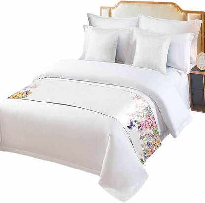 Blossom Floral Hummingbird Bed Runners for Bedroom Hotel,Decorative Bedding Scarf Butterfly Blossom Flower Plant Bed End Blanket Bedding Runner Scarves for Queen Size Bed,94x20in