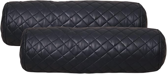 Neck Roll Pillow Cushion Cover, 18x6 Inch Full Moon Round Bolster Pillow Case, Cylinder Soft Lambskin Leather Pillowcase for Head, Spine & Neck Support During Sleep - Quilted Gun Metal Blue Pack of 2