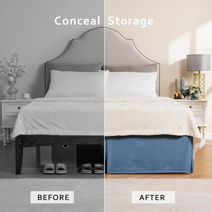 MIYE Pleated Waffle Weave Bed Skirt, Tailored Dust Ruffle 14 Inch Drop Easy Fit, Machine Washable (Blue, Queen - 14" Drop)