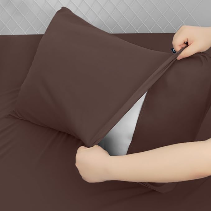 Moonsea Queen Sheet Set for Air Mattress - Sheets Queen Size Bed Set - 3Pcs Side Storage Pocket Fitted Sheet & Pillowcases Easily Fits 16in to 24in Pillow Top Air Bed Mattress - Brown