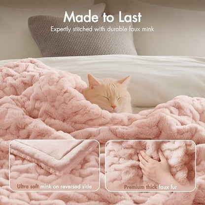 Madison Park Ruched Luxury Throw Premium Soft Cozy Brushed Long Faux Fur For Bed, Couch or Sofa, 50"x60", Blush