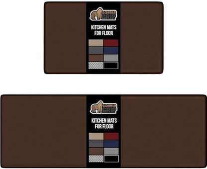 GORILLA GRIP 2 Pack Comfortable Cushioned Kitchen Mats for Floor, 17x29 + 17x59, Waterproof and Stain Resistant, 1/2 Inch Thick Soft Ergonomic Standing Desk Anti Fatigue Mat, Foam Supports Feet, Brown