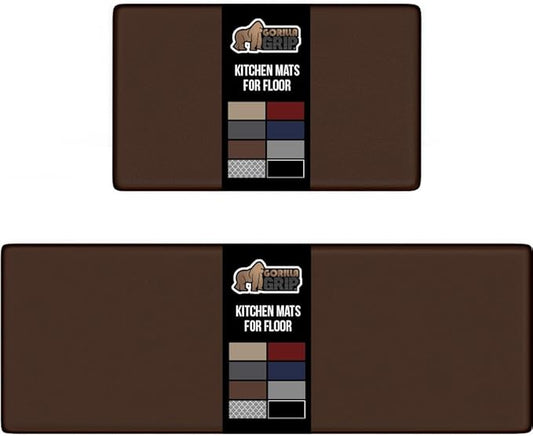 GORILLA GRIP 2 Pack Comfortable Cushioned Kitchen Mats for Floor, 17x29 + 17x59, Waterproof and Stain Resistant, 1/2 Inch Thick Soft Ergonomic Standing Desk Anti Fatigue Mat, Foam Supports Feet, Brown