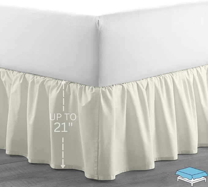 Ruffle Bed Skirt with Split Corners, Microfiber Dust Ruffled for a Perfectly Tailored Bedding Ensemble, Wrinkle and Fade Free, Easy Fit, Queen Size 21 Inch Drop, Ivory