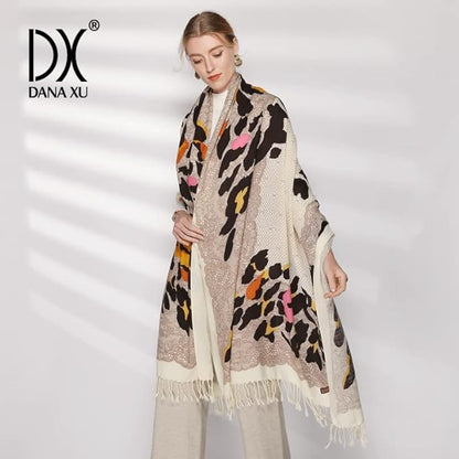 DANA XU 100% Merino Wool Pashmina Shawl for Women 96"x43", Oversized Cashmere Wrap with Tassels, Floral Travel Blanket Cape