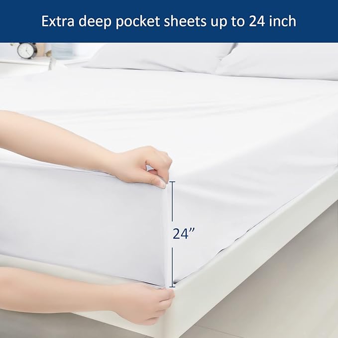 Moonsea Full Size Air Mattress Sheet Set - 3 Pieces Extra Deep Pocket Full Sheet Set 16 to 24 inch - Sheets with Pocket on Side - Easily Fits Extra Deep Pillow Top Air Mattress-White