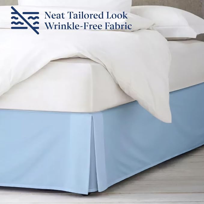 SKY BEDDINGS Luxury Pleated Queen Bed Skirt with Split Corners - 14 Inch Tailored Drop - Pleated Dust Ruffle - Wrinkle-Free 100% Microfiber - Easy Fit, Soft & Durable - Light Blue