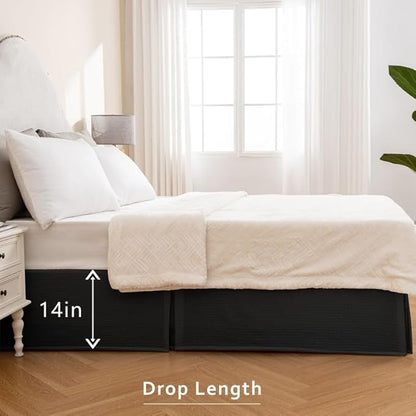 MIYE Pleated Waffle Weave Bed Skirt, Tailored Dust Ruffle 14 Inch Drop Easy Fit, Machine Washable (Black, Twin - 14" Drop)