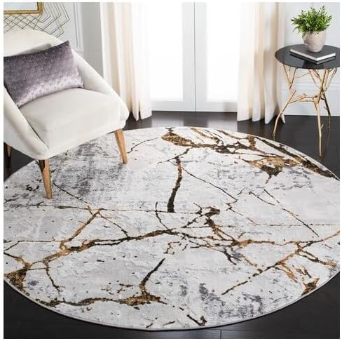SAFAVIEH Amelia Collection 3' Round Grey/Gold ALA293G Modern Abstract Non-Shedding Living Room Dining Bedroom Foyer Area Rug