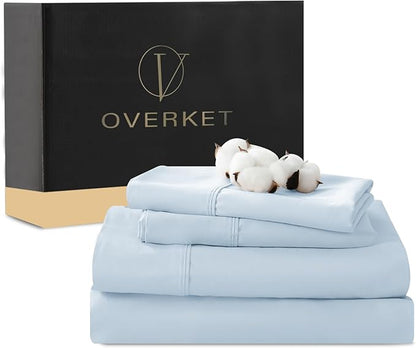1000 Thread Count Egyptian Cotton Sheets Queen Size Set 4PCS Sateen Weave Soft Breathable 16-Inch Deep Pocket（Queen,Light Blue）
