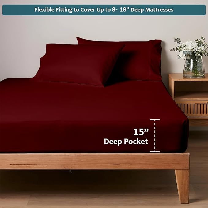 Olympic Queen Sheet Set – 100% Egyptian Cotton, 338 Thread Count – 4-Piece Luxury Super Queen Sheets – Soft & Breathable – 16” Deep Pocket Fitted Sheet, 1 Flat Sheet, 2 Pillowcases (Burgundy Solid)