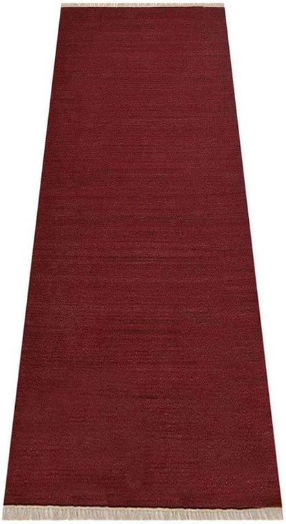 Rugsotic Carpets Hand Woven Flat Weave Kilim Wool ECO-Friendly Area Rugs - 2'6''x6', Runner Shape, Dark Red Color, Solid Plain Design, Low Pile Handmade Rugs for Living Room, Bed Room (D00111)