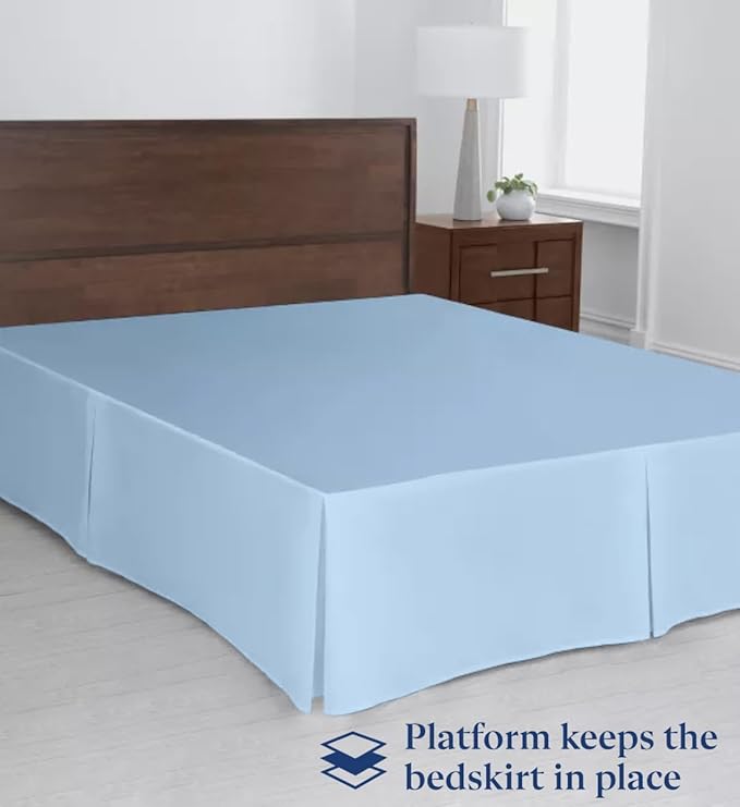 SKY BEDDINGS Luxury Pleated Queen Bed Skirt with Split Corners - 14 Inch Tailored Drop - Pleated Dust Ruffle - Wrinkle-Free 100% Microfiber - Easy Fit, Soft & Durable - Light Blue
