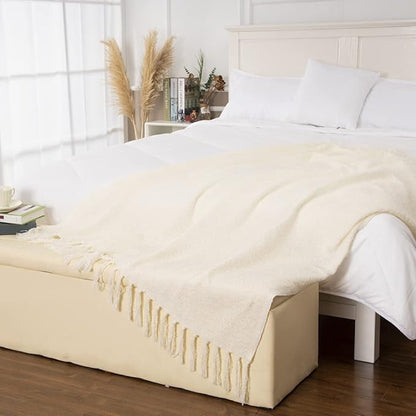 Gealaek Decorative Fluffy White Throw Blanket Cream Fringe Lightweight Faux Cashmere Fuzzy Soft Cozy Throws for Sofa Bed Farmhouse 50" x 60"