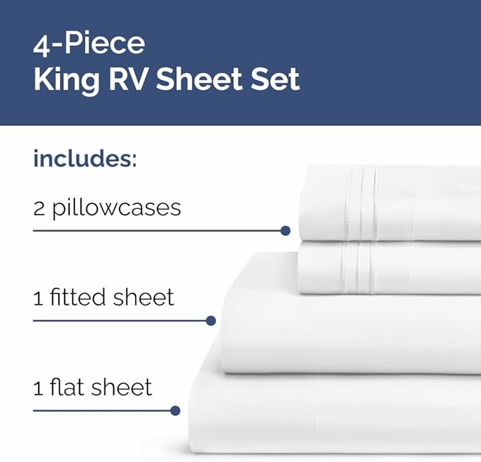 RV King Size Sheet Set 72 X 80 - 4 Piece RV Short Queen Bed Sheets - Ultra Soft, Breathable & Cooling - Designed for Bunks, Trailers & Camper - Fits 8” to 12" Mattress - Hotel Luxury Bedding - White