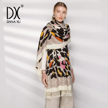 DANA XU 100% Merino Wool Pashmina Shawl for Women 96"x43", Oversized Cashmere Wrap with Tassels, Floral Travel Blanket Cape