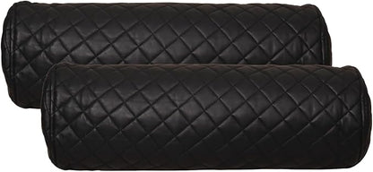 Neck Roll Pillow Cushion Cover, 20x5 Inch Full Moon Round Bolster Pillow Case, Cylinder Soft Lambskin Leather Pillowcase for Head, Spine & Neck Support During Sleep - Quilted Black Pack of 2