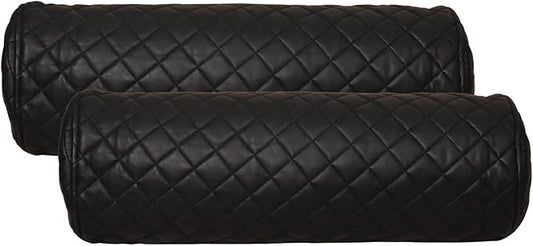 Neck Roll Pillow Cushion Cover, 22x6 Inch Full Moon Round Bolster Pillow Case, Cylinder Soft Lambskin Leather Pillowcase for Head, Spine & Neck Support During Sleep - Quilted Black Pack of 2