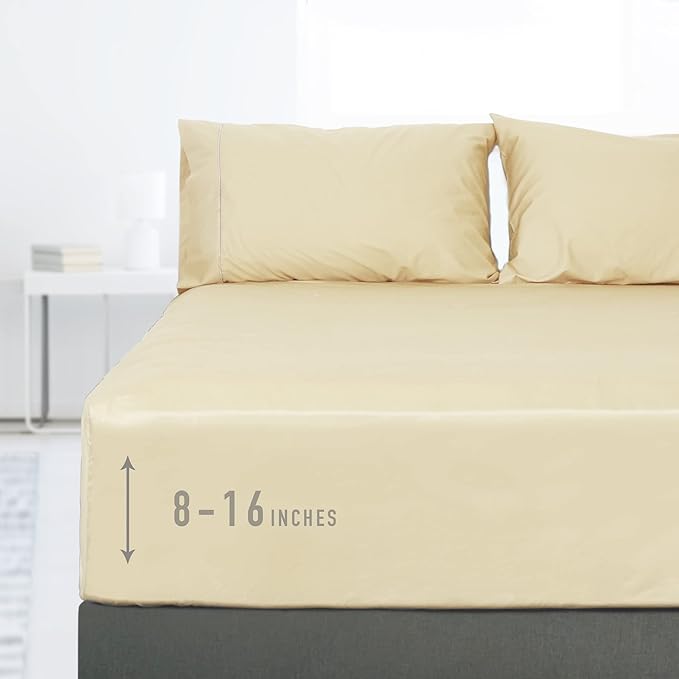 Sunflower Queen Fitted Sheet, 1-Piece Deep Pocket Fitted Bottom Sheet 16", 100% Cotton Sateen Soft Breathable, Butter Cream