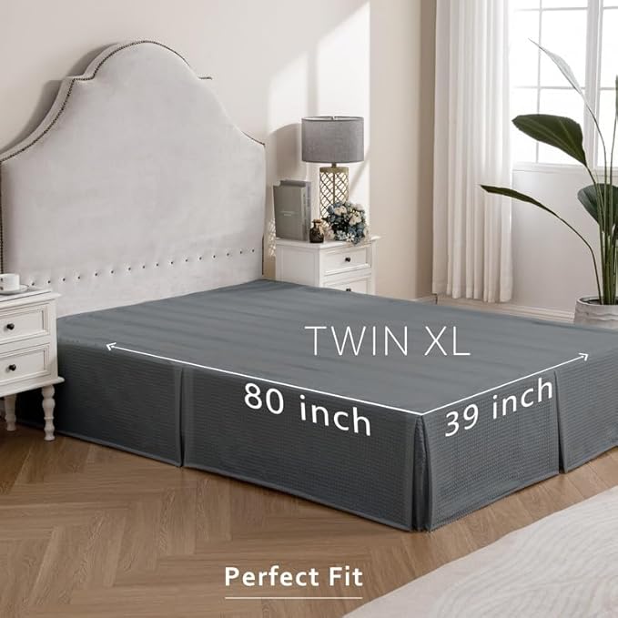 MIYE Pleated Waffle Weave Bed Skirt, Tailored Dust Ruffle 14 Inch Drop Easy Fit, Machine Washable (Dark Grey, TwinXL - 14" Drop)